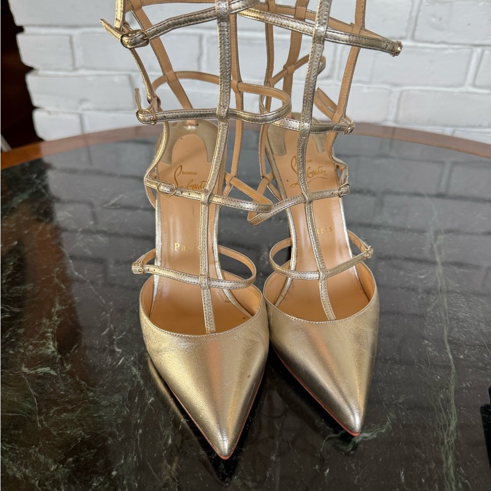 Christian Louboutin Kadreyana Caged Metallic Gold closed toe heels